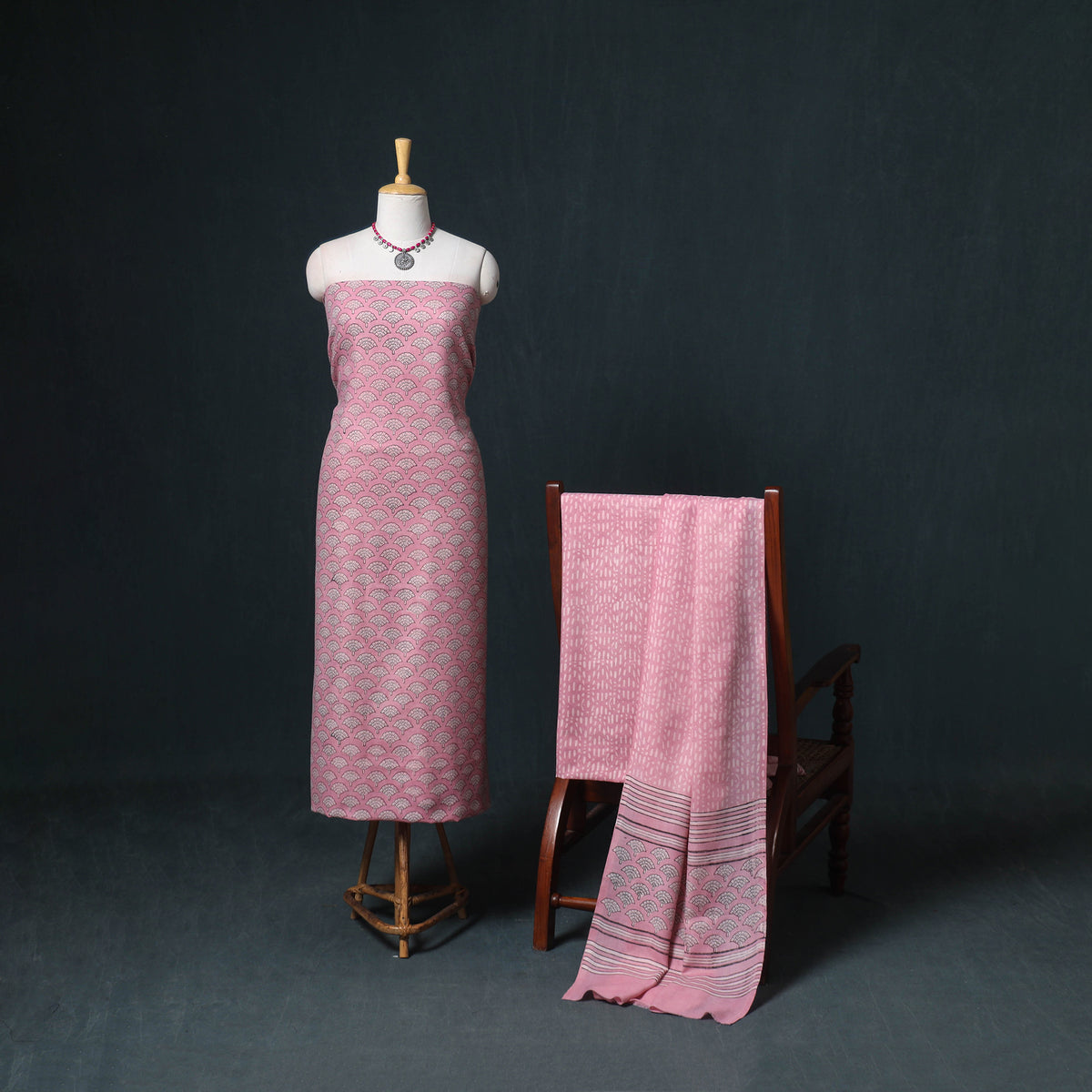 Akola Hand Block Print Woolen Unstitched Dress Material: Kurta, Bottom with Dupatta 05