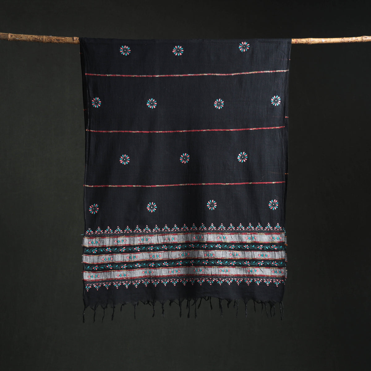 Kantha Hand Embroidered Khes Handwoven Cotton Dupatta 44