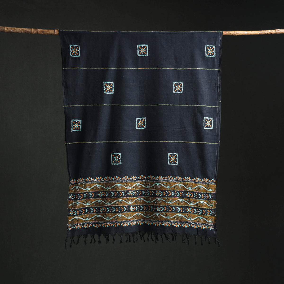 Kantha Hand Embroidered Khes Handwoven Cotton Dupatta 45