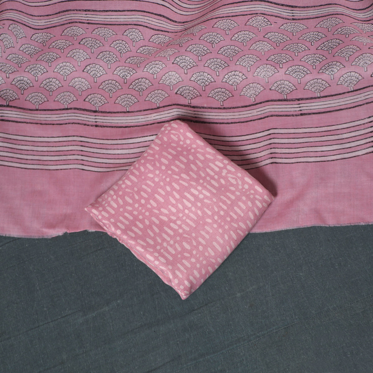 Akola Hand Block Print Woolen Unstitched Dress Material: Kurta, Bottom with Dupatta 05