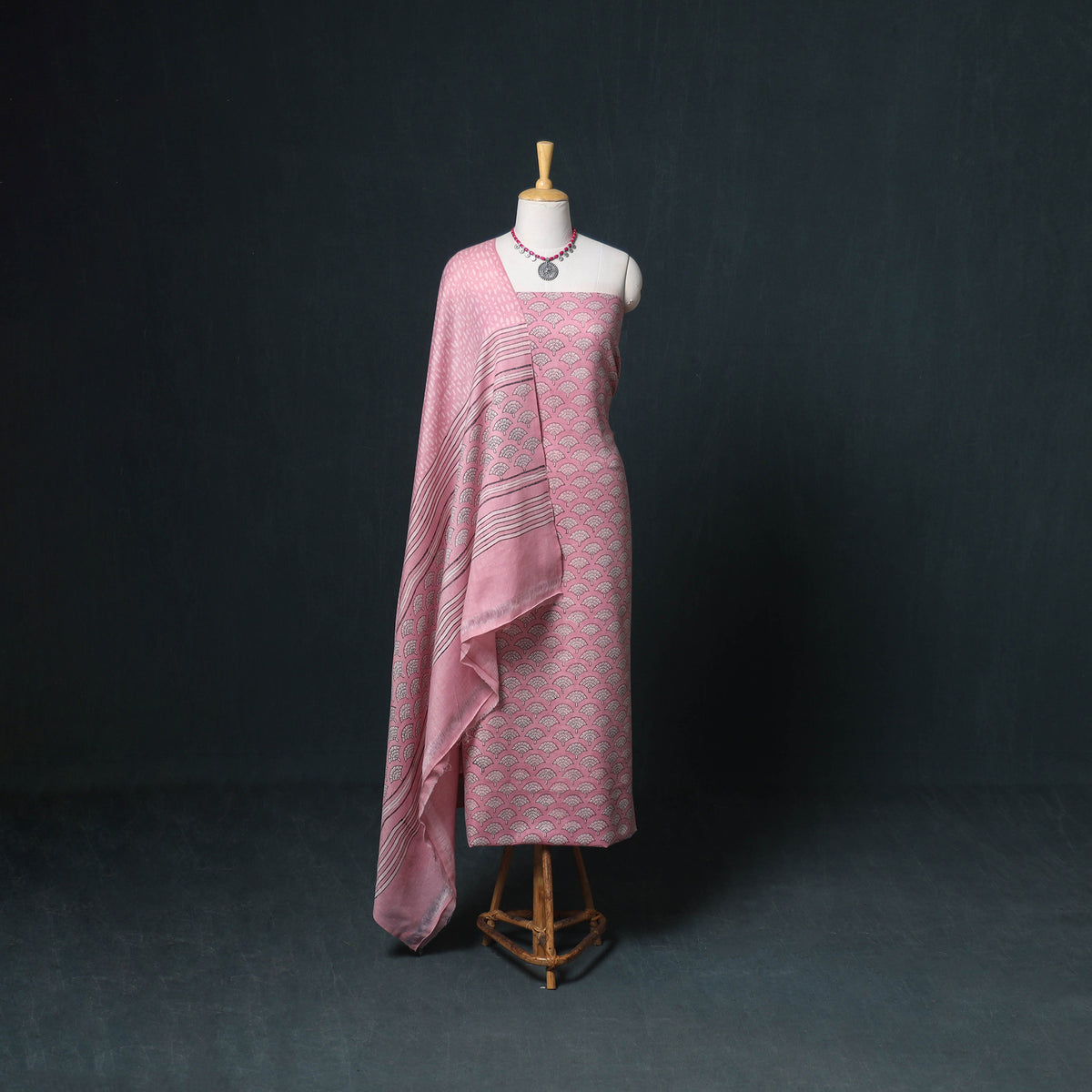 Akola Hand Block Print Woolen Unstitched Dress Material: Kurta, Bottom with Dupatta 05