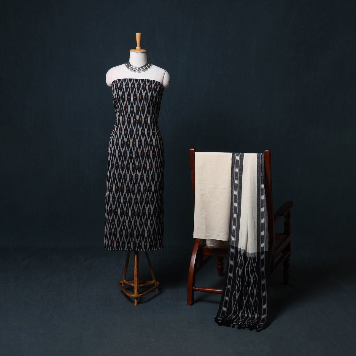 Pochampally Ikat Cotton Unstitched Dress Material: Kurta, Bottom with Dupatta 19