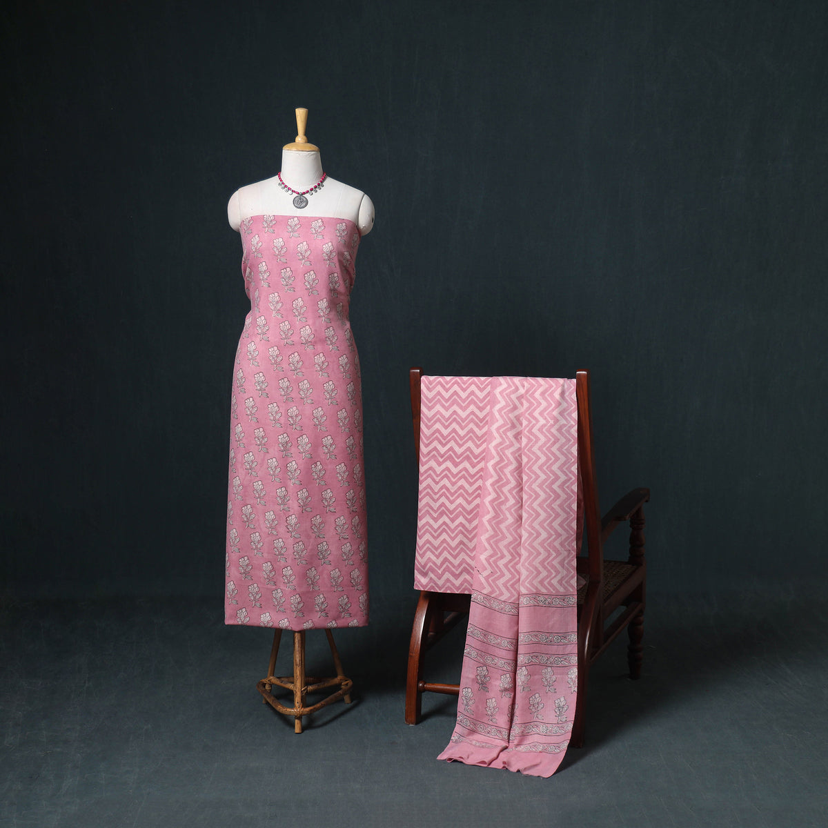 Akola Hand Block Print Woolen Unstitched Dress Material: Kurta, Bottom with Dupatta 02