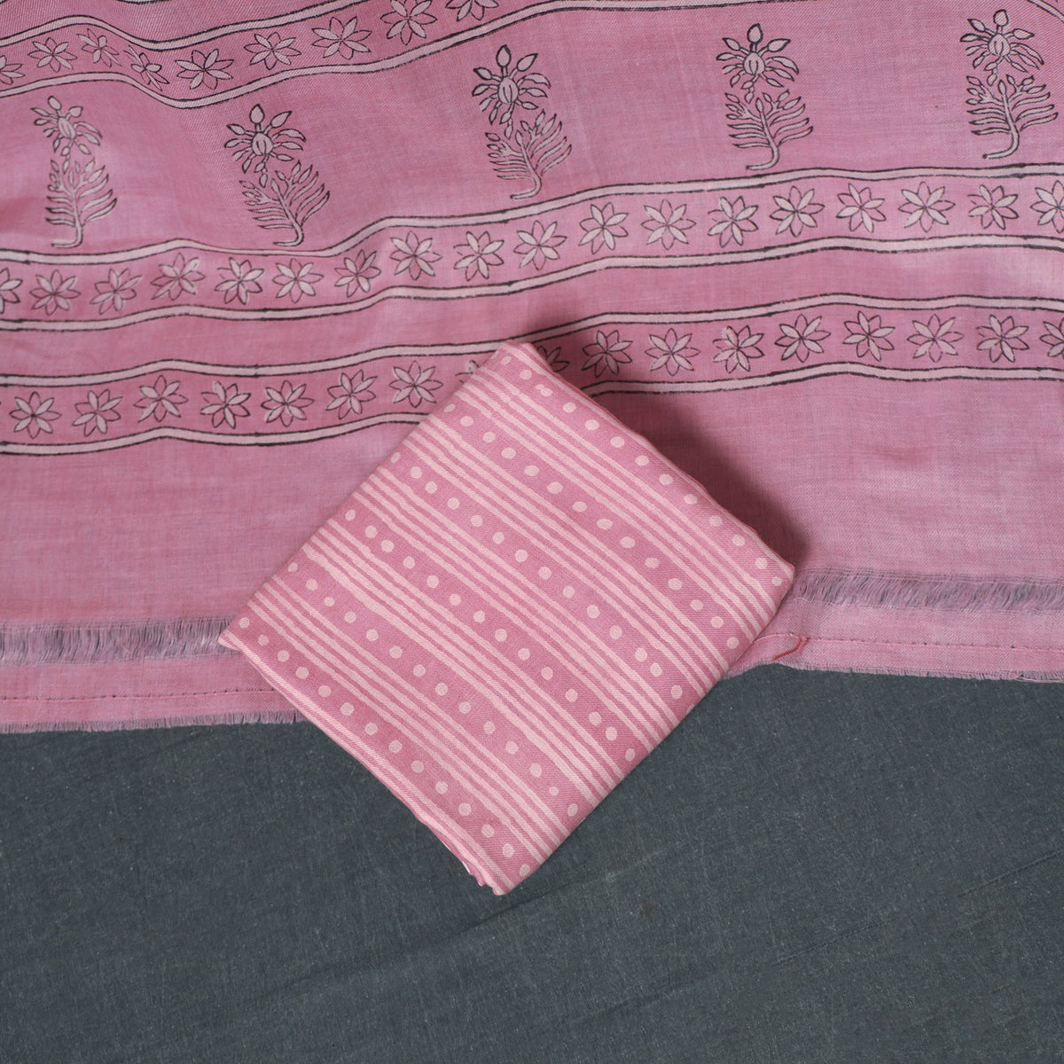 Akola Hand Block Print Woolen Unstitched Dress Material: Kurta, Bottom with Dupatta 03