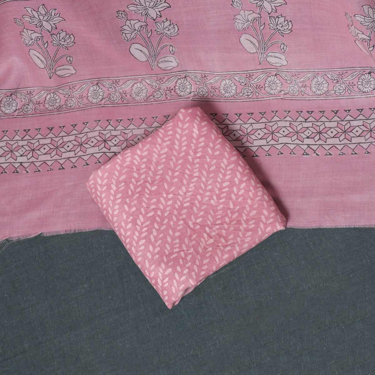 Akola Hand Block Print Woolen Unstitched Dress Material: Kurta, Bottom with Dupatta 04