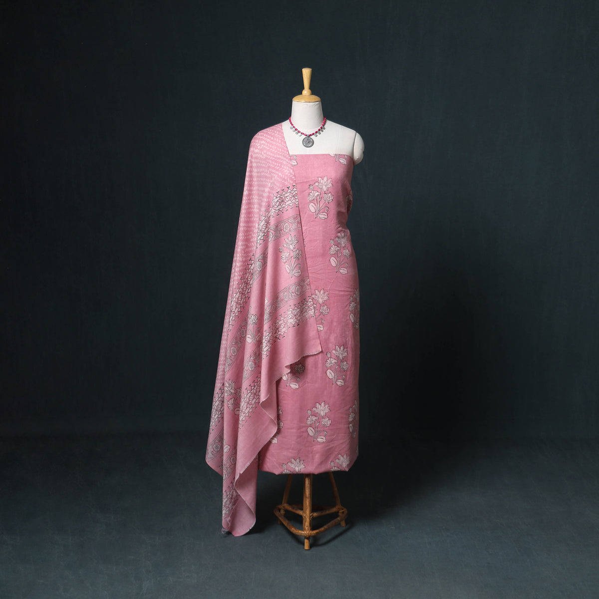 Akola Hand Block Print Woolen Unstitched Dress Material: Kurta, Bottom with Dupatta 04