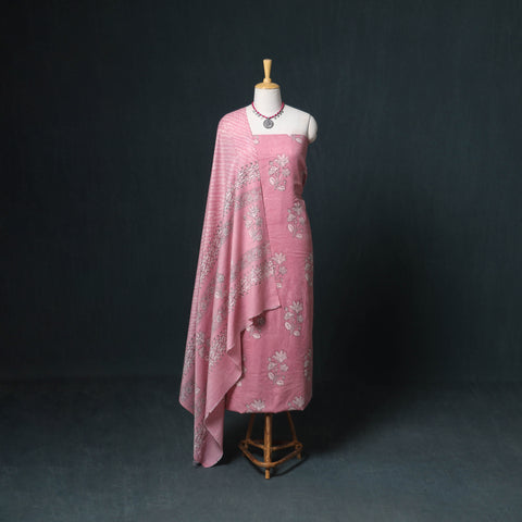 Akola Hand Block Print Woolen Unstitched Dress Material: Kurta, Bottom with Dupatta 04