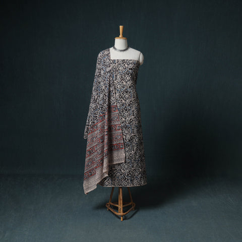 Pedana Hand Block Print Natural Dyed Cotton Kalamkari Unstitched Dress Material: Kurta with Dupatta 02