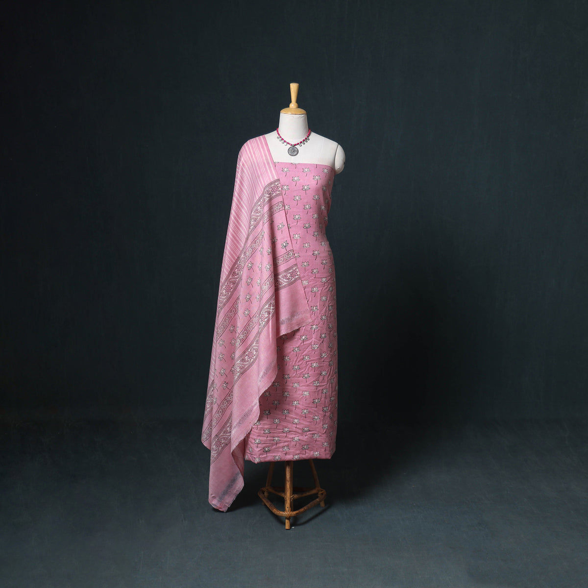 Akola Hand Block Print Woolen Unstitched Dress Material: Kurta, Bottom with Dupatta 06