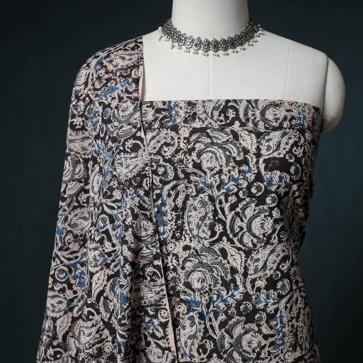 Pedana Hand Block Print Natural Dyed Cotton Kalamkari Unstitched Dress Material: Kurta with Dupatta 02