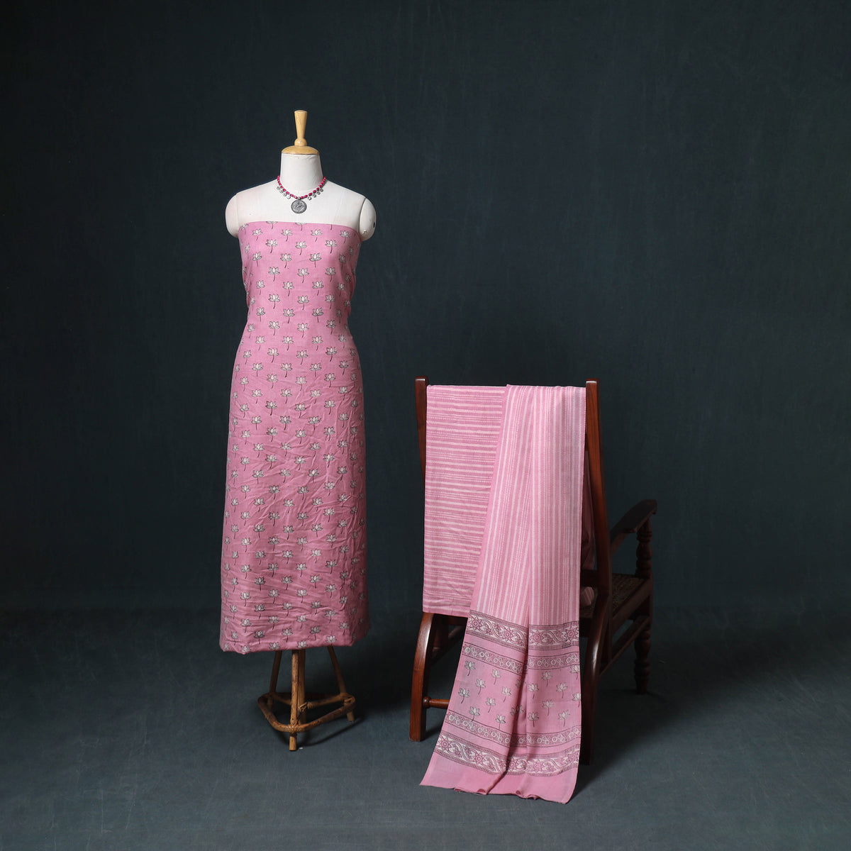Akola Hand Block Print Woolen Unstitched Dress Material: Kurta, Bottom with Dupatta 06