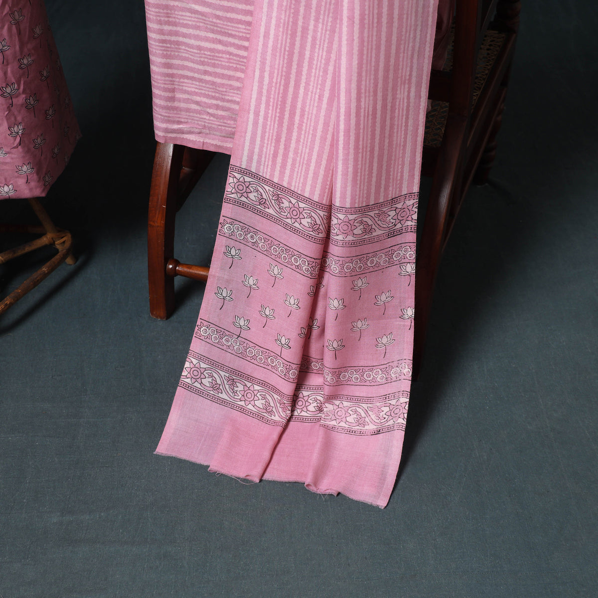 Akola Hand Block Print Woolen Unstitched Dress Material: Kurta, Bottom with Dupatta 06