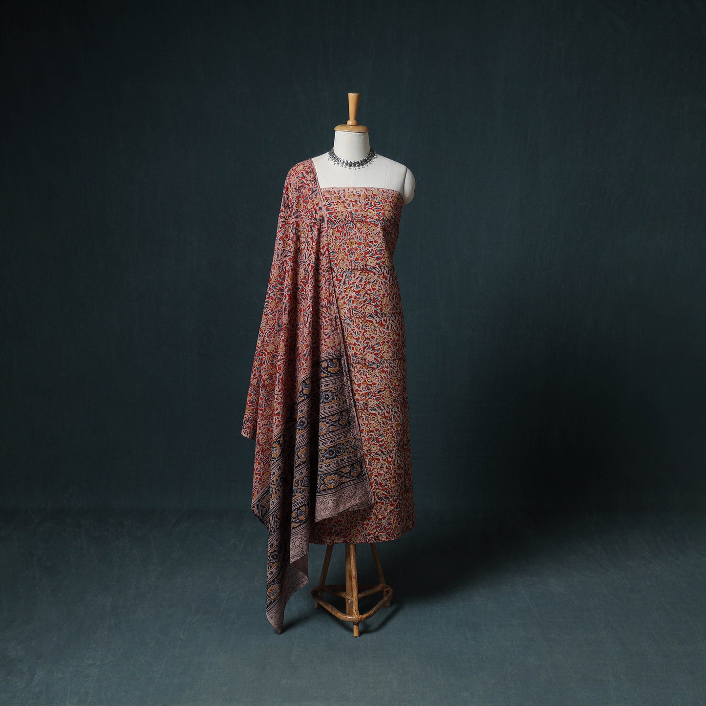 Pedana Hand Block Print Natural Dyed Cotton Kalamkari Unstitched Dress Material: Kurta with Dupatta 03