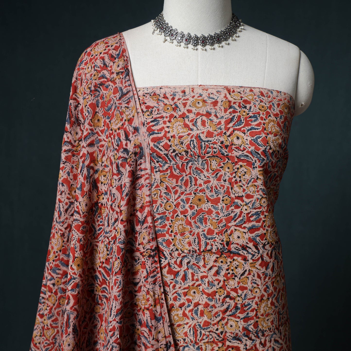 Pedana Hand Block Print Natural Dyed Cotton Kalamkari Unstitched Dress Material: Kurta with Dupatta 03