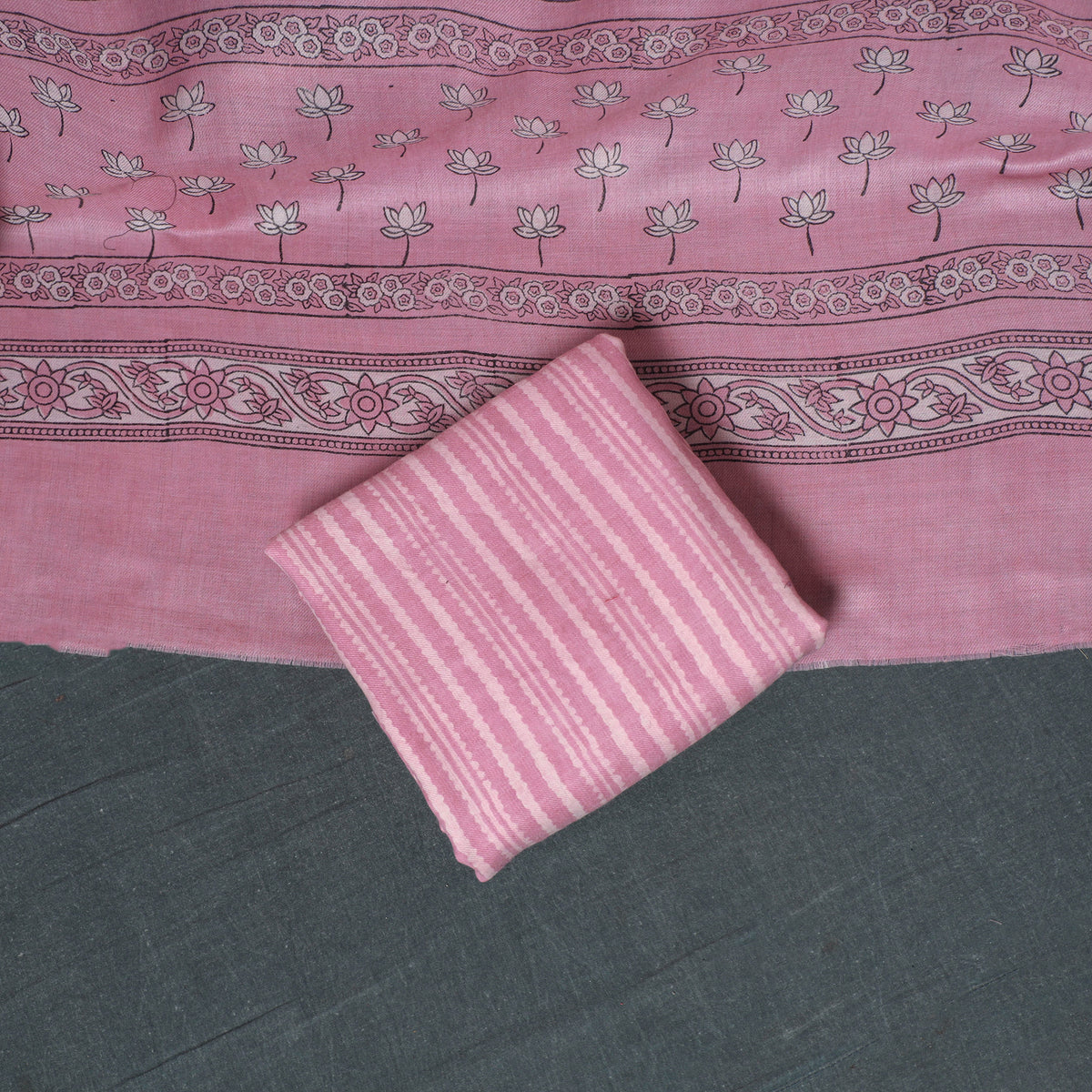 Akola Hand Block Print Woolen Unstitched Dress Material: Kurta, Bottom with Dupatta 06