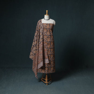 Pedana Hand Block Print Natural Dyed Cotton Kalamkari Unstitched Dress Material: Kurta with Dupatta 04