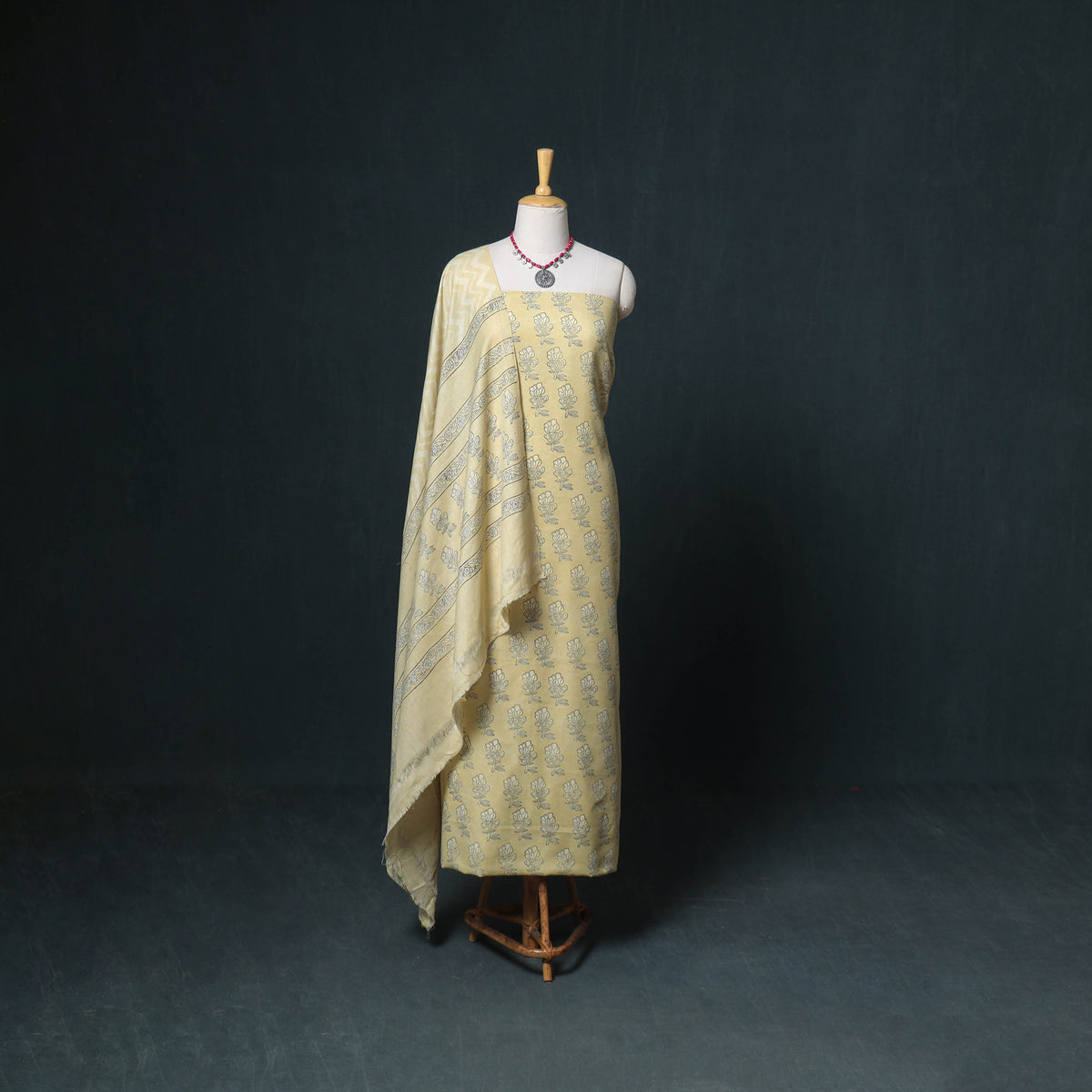 Akola Hand Block Print Woolen Unstitched Dress Material: Kurta, Bottom with Dupatta 08