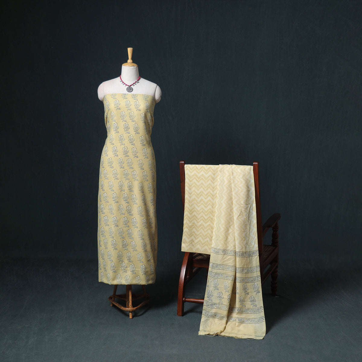 Akola Hand Block Print Woolen Unstitched Dress Material: Kurta, Bottom with Dupatta 08