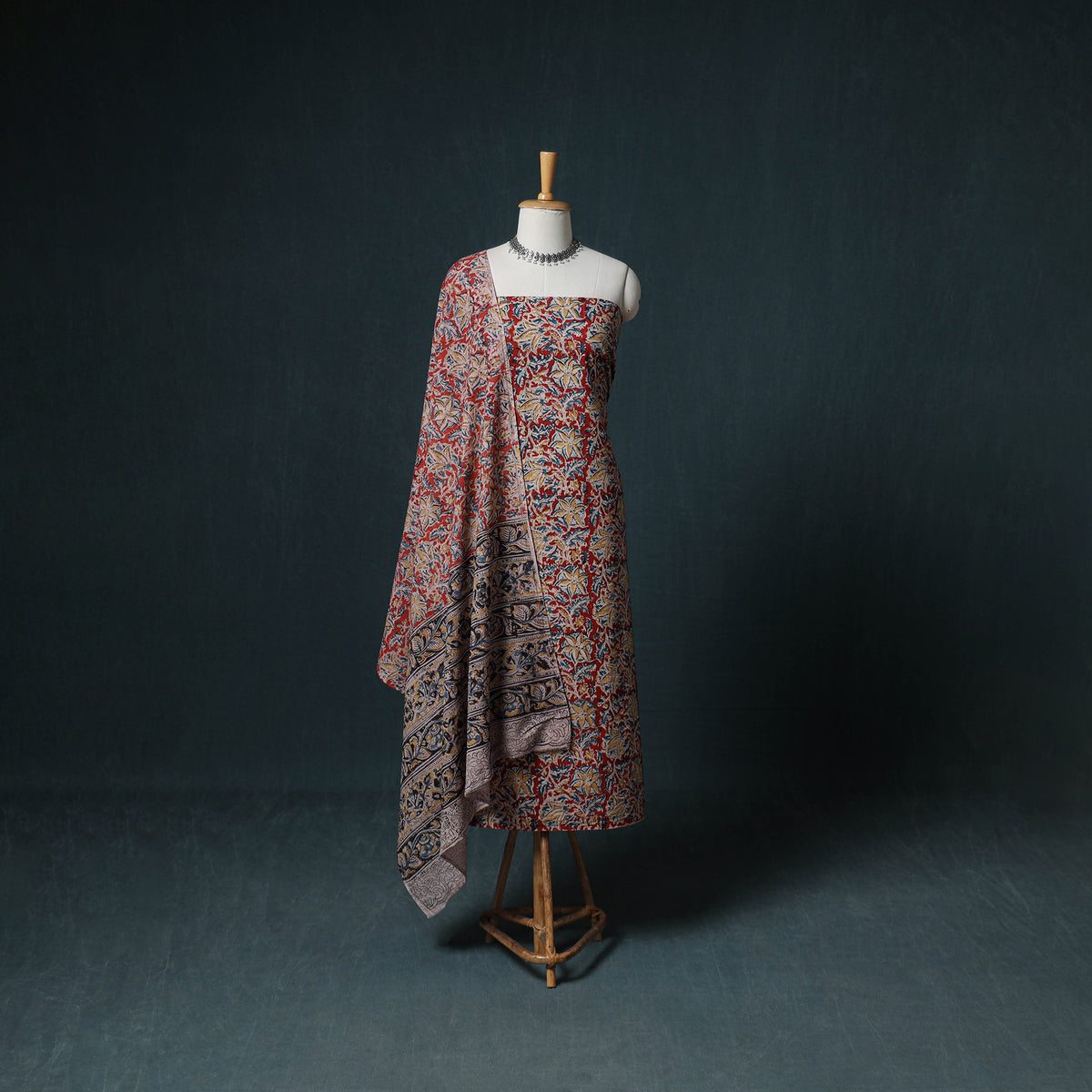 Pedana Hand Block Print Natural Dyed Cotton Kalamkari Unstitched Dress Material: Kurta with Dupatta 05