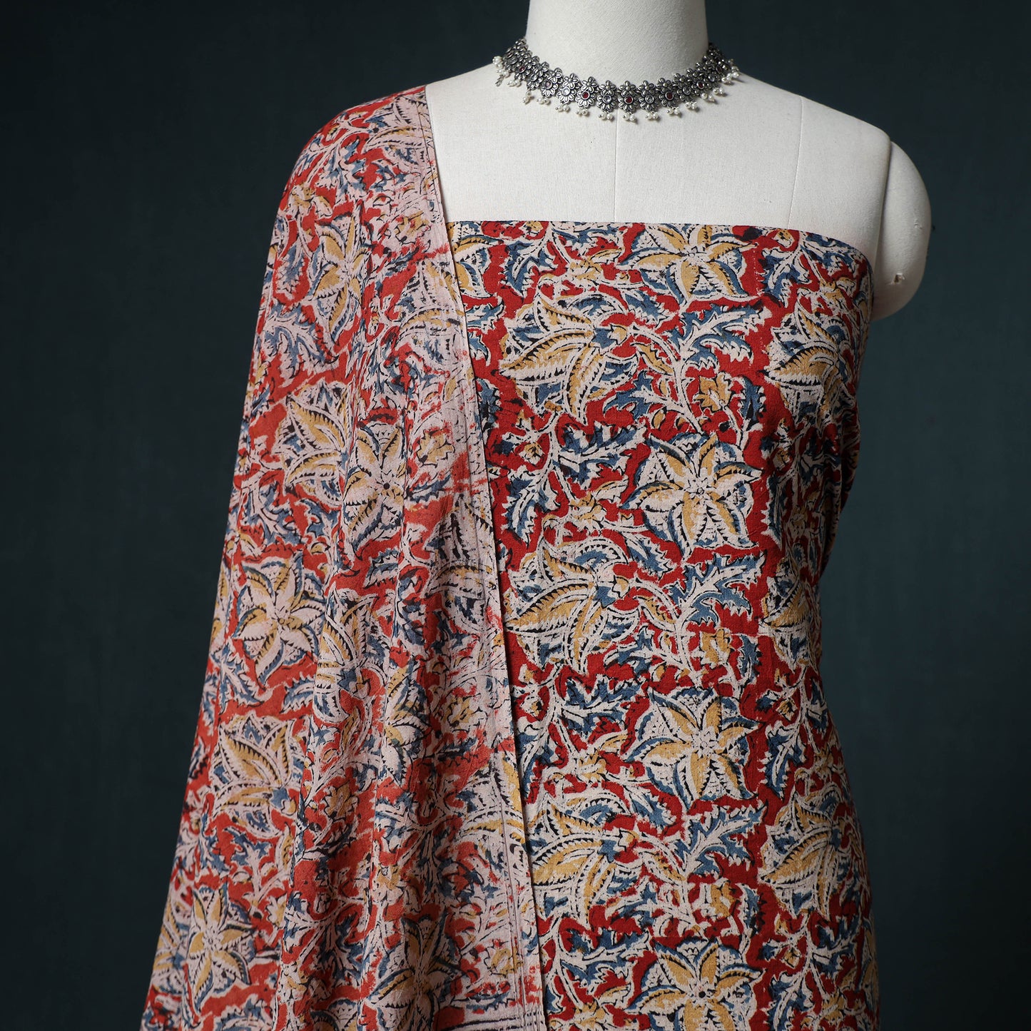 Pedana Hand Block Print Natural Dyed Cotton Kalamkari Unstitched Dress Material: Kurta with Dupatta 05