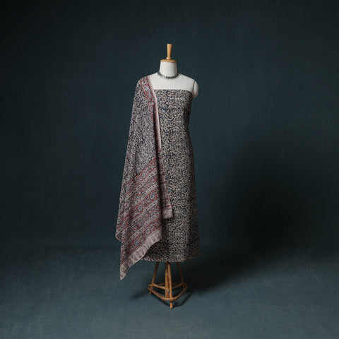 Pedana Hand Block Print Natural Dyed Cotton Kalamkari Unstitched Dress Material: Kurta  with Dupatta 06