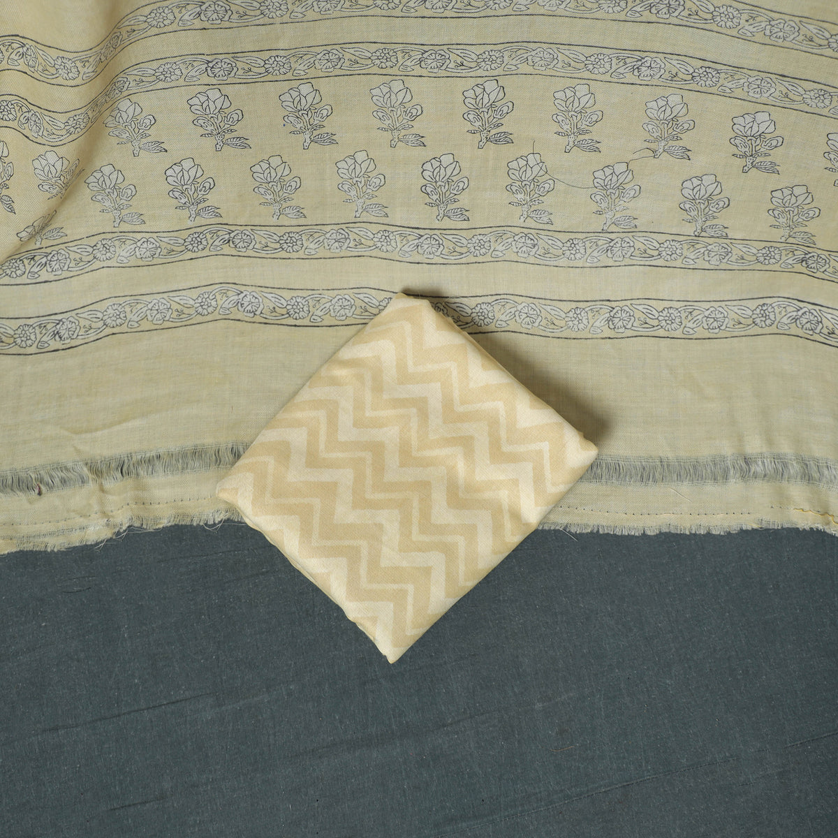 Akola Hand Block Print Woolen Unstitched Dress Material: Kurta, Bottom with Dupatta 08