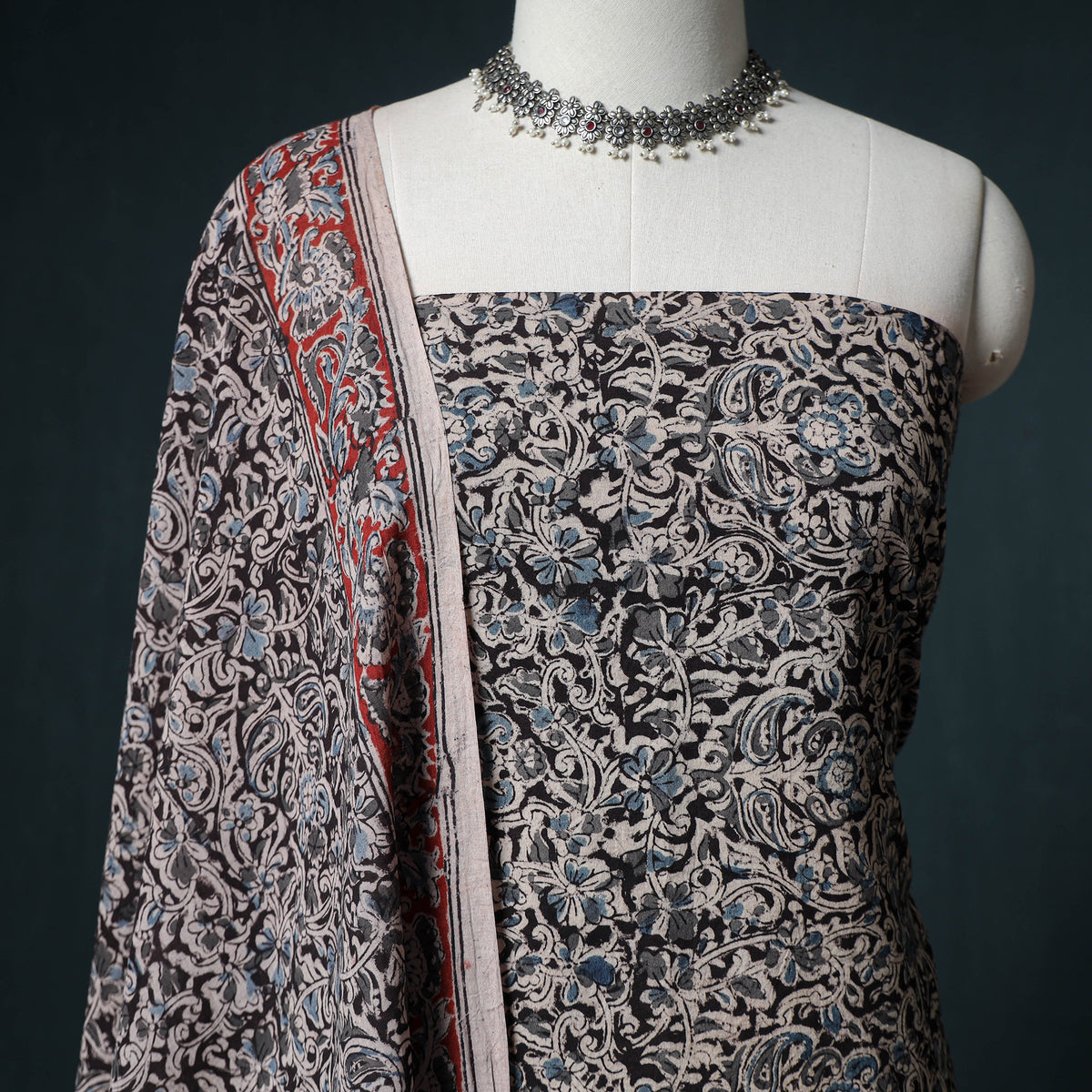 Pedana Hand Block Print Natural Dyed Cotton Kalamkari Unstitched Dress Material: Kurta  with Dupatta 06