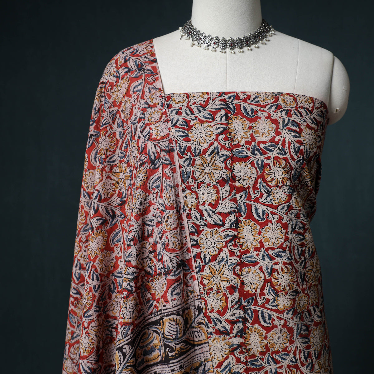 Pedana Hand Block Print Natural Dyed Cotton Kalamkari Unstitched Dress Material: Kurta with Dupatta 07