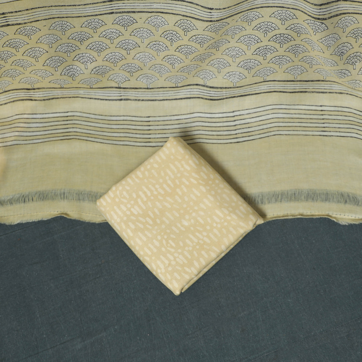 Akola Hand Block Print Woolen Unstitched Dress Material: Kurta, Bottom with Dupatta 09
