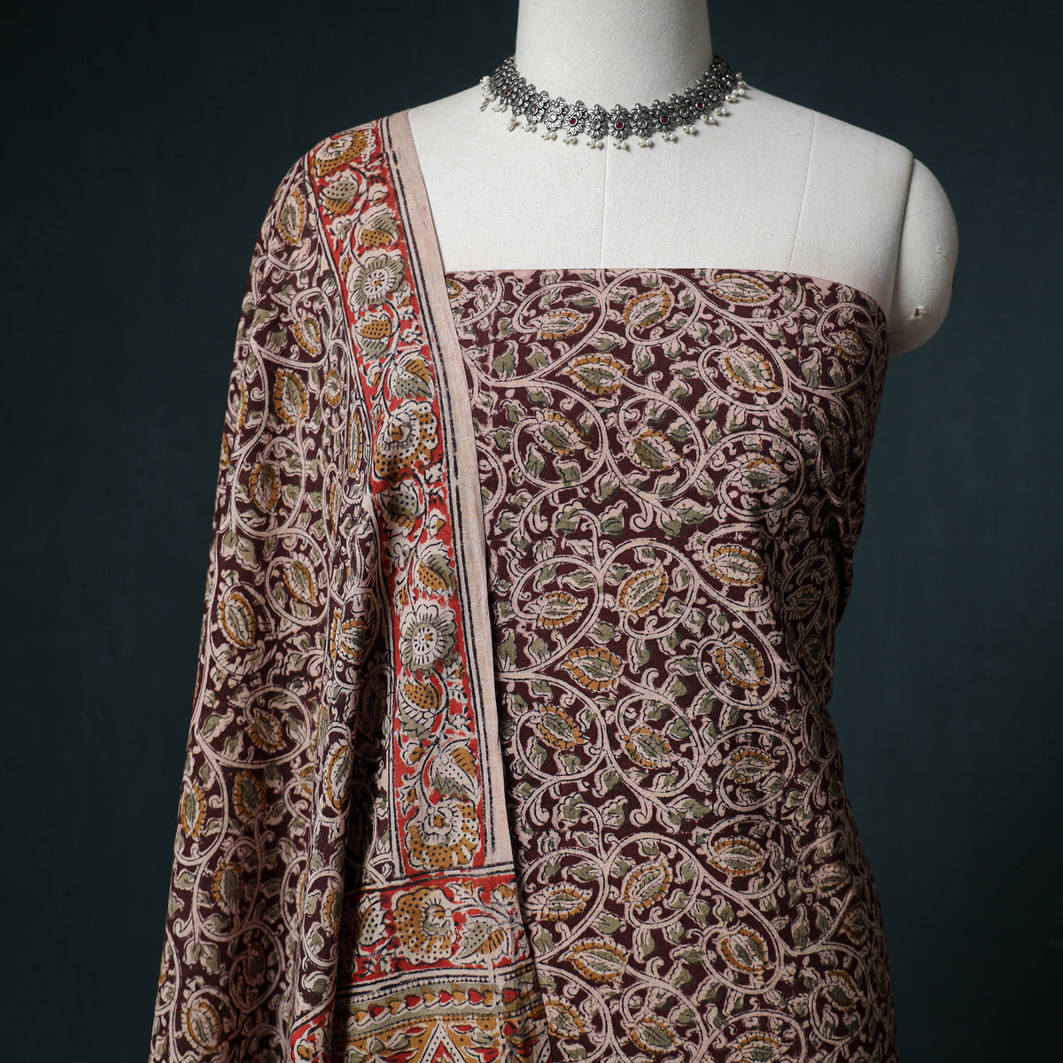 Pedana Hand Block Print Natural Dyed Cotton Kalamkari Unstitched Dress Material: Kurta with Dupatta 08