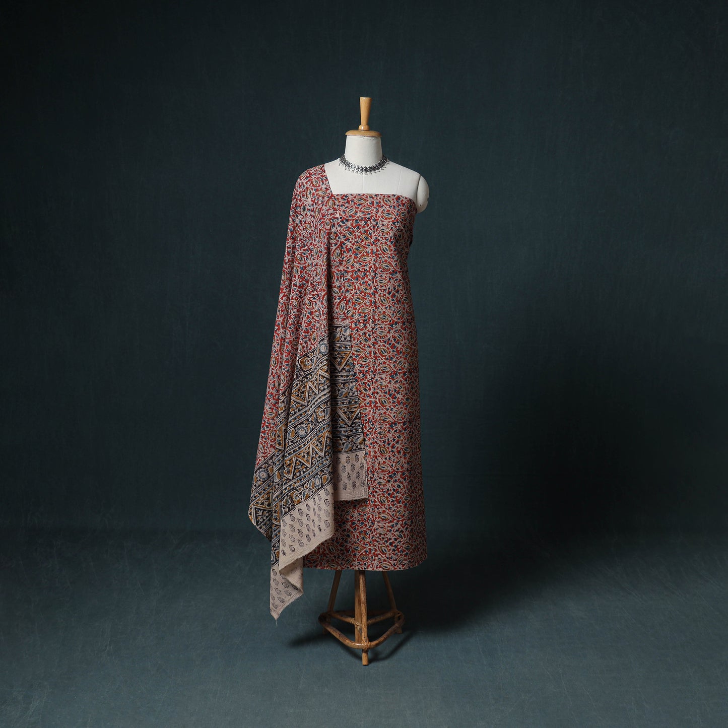 Pedana Hand Block Print Natural Dyed Cotton Kalamkari Unstitched Dress Material: Kurta with Dupatta 09