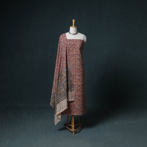 Pedana Hand Block Print Natural Dyed Cotton Kalamkari Unstitched Dress Material: Kurta with Dupatta 09