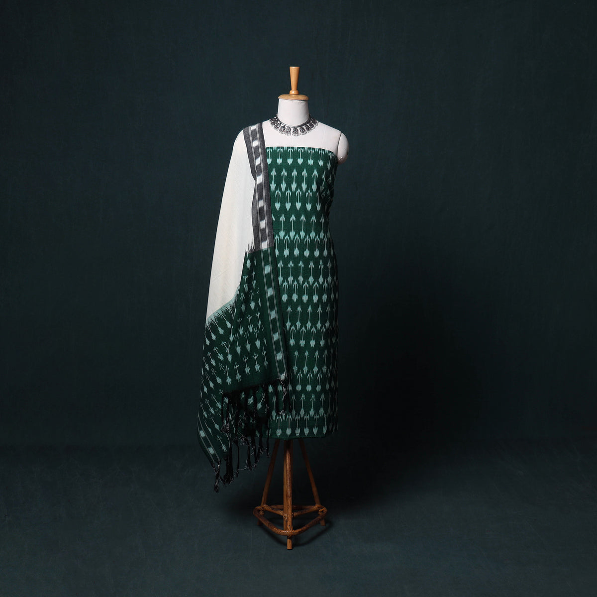 Green - Pochampally Ikat Cotton Unstitched Dress Material: Kurta, Bottom with Dupatta 30