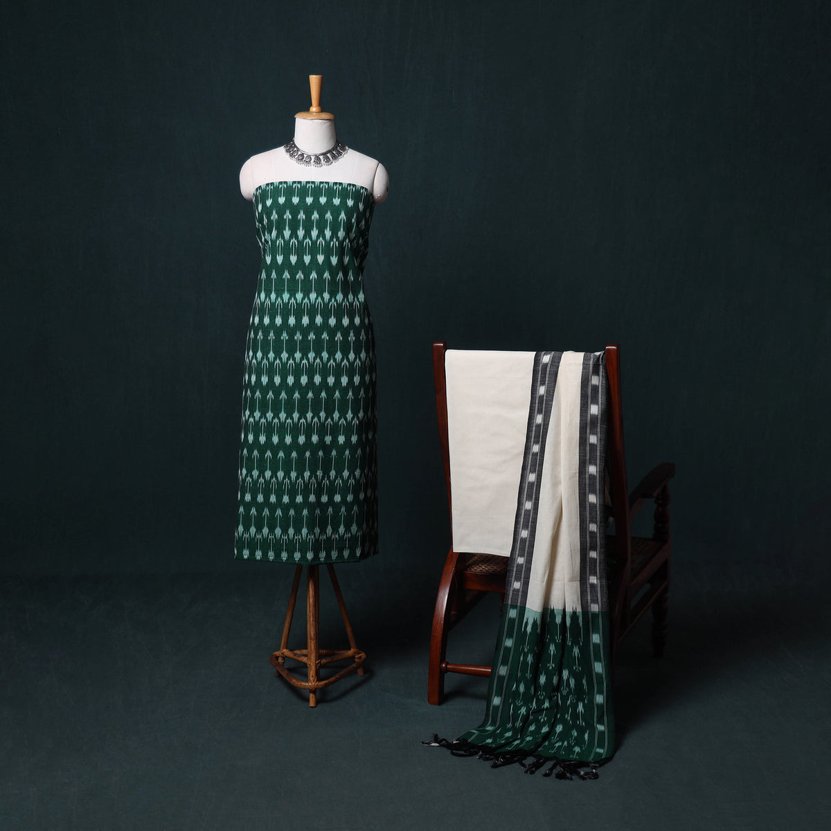 Green - Pochampally Ikat Cotton Unstitched Dress Material: Kurta, Bottom with Dupatta 30