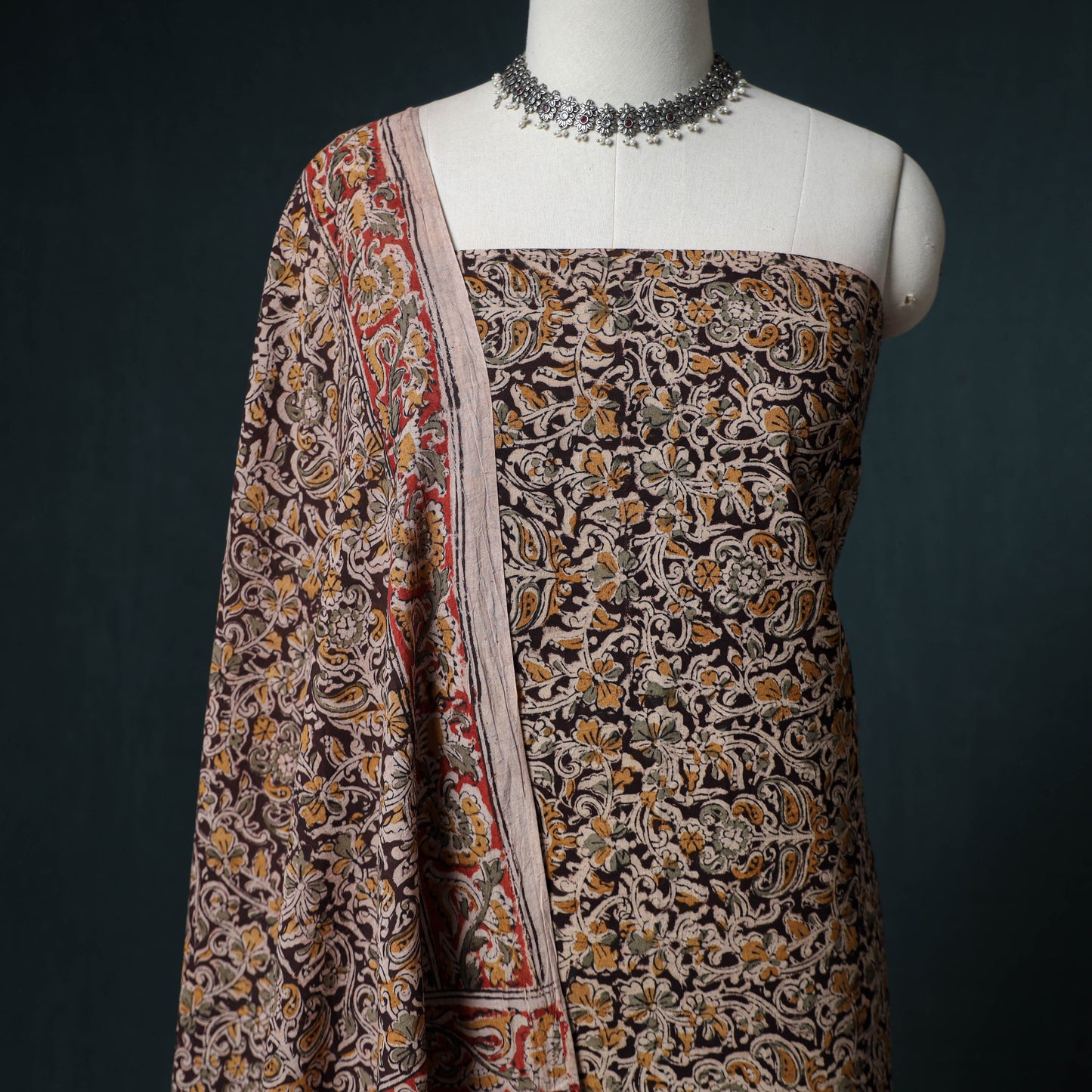 Pedana Hand Block Print Natural Dyed Cotton Kalamkari Unstitched Dress Material: Kurta with Dupatta 10