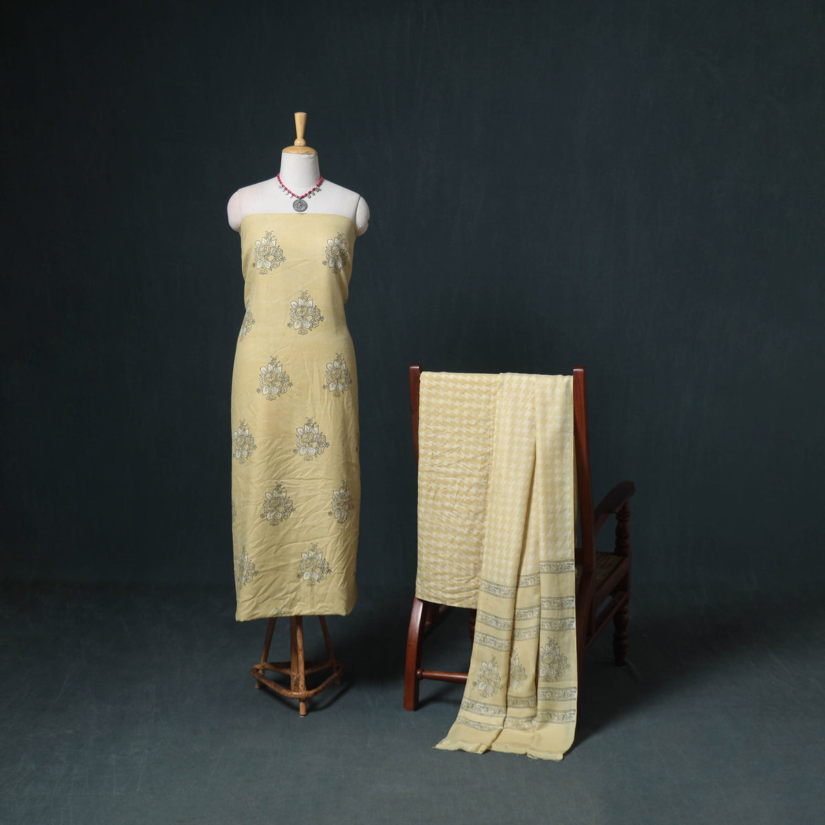 Akola Hand Block Print Woolen Unstitched Dress Material: Kurta, Bottom with Dupatta 12