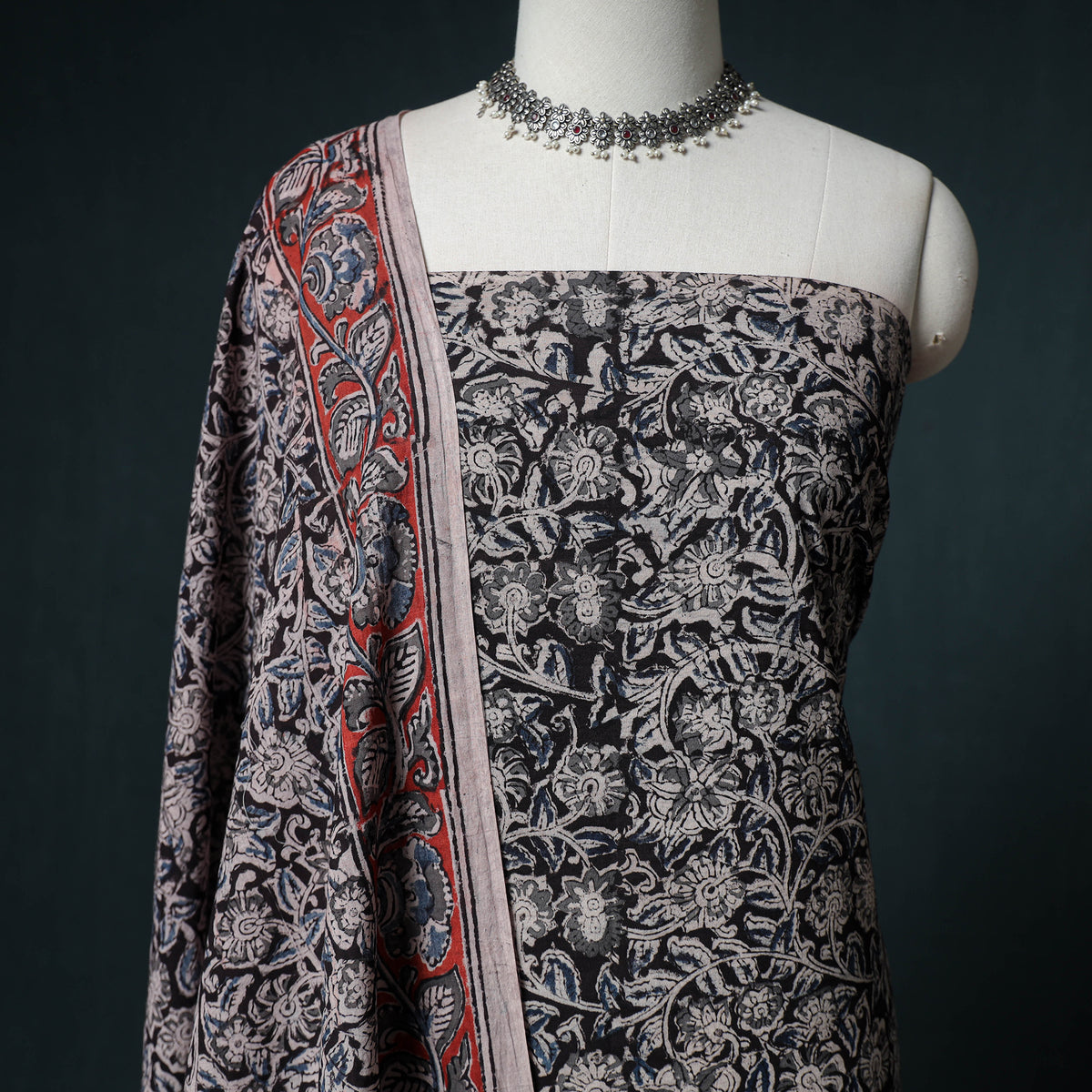 Pedana Hand Block Print Natural Dyed Cotton Kalamkari Unstitched Dress Material: Kurta with Dupatta 11