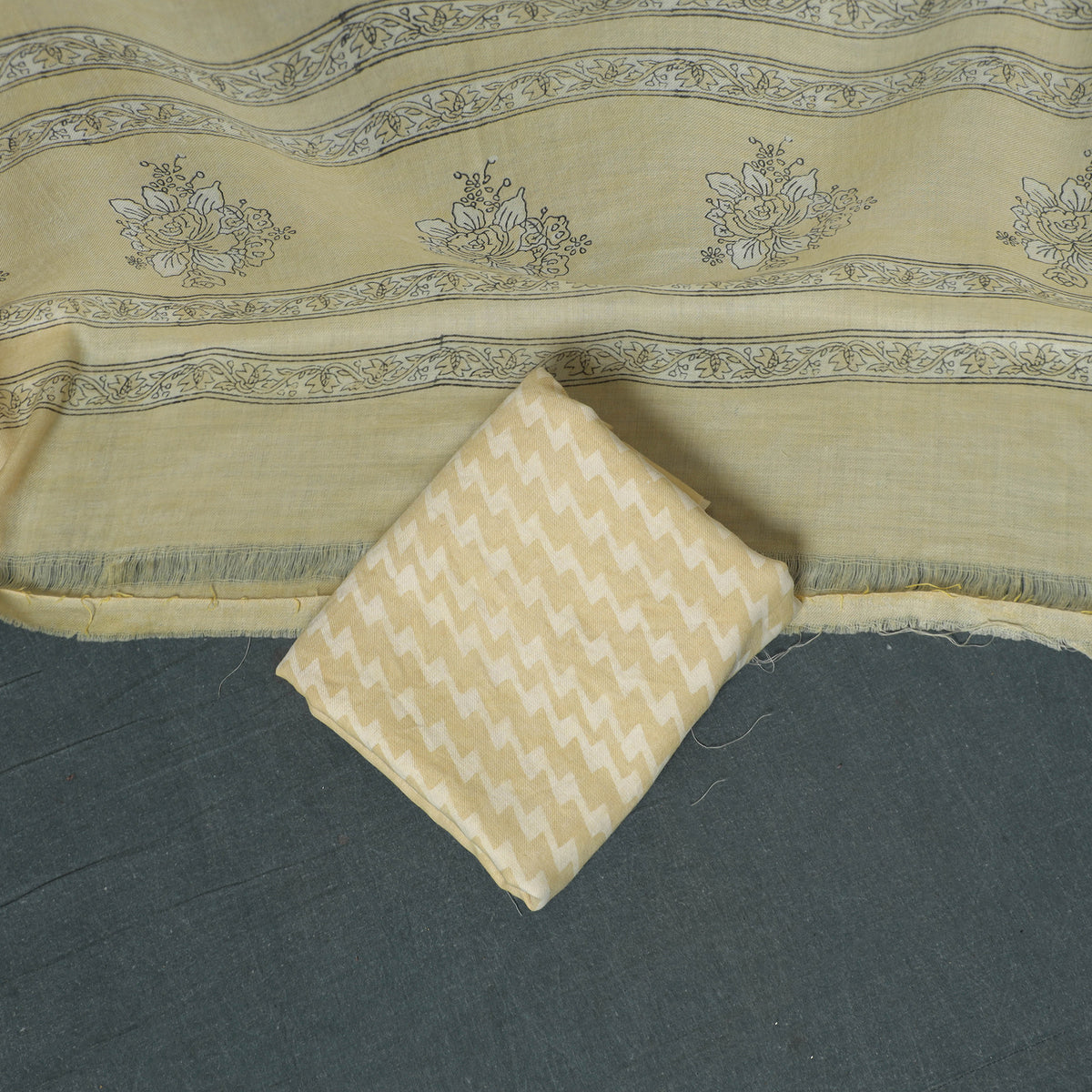 Akola Hand Block Print Woolen Unstitched Dress Material: Kurta, Bottom with Dupatta 12