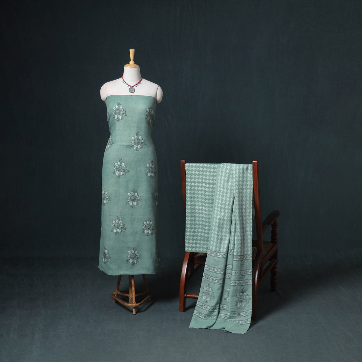 Akola Hand Block Print Woolen Unstitched Dress Material: Kurta, Bottom with Dupatta 13