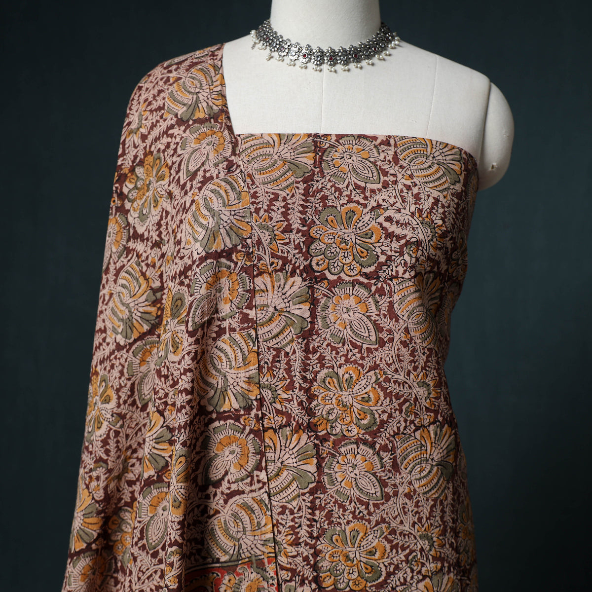 Pedana Hand Block Print Natural Dyed Cotton Kalamkari Unstitched Dress Material: Kurta with Dupatta 12