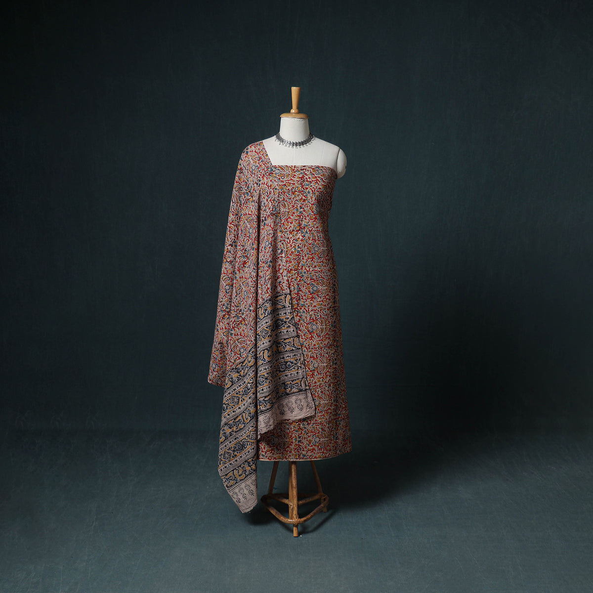 Pedana Hand Block Print Natural Dyed Cotton Kalamkari Unstitched Dress Material: Kurta with Dupatta 13
