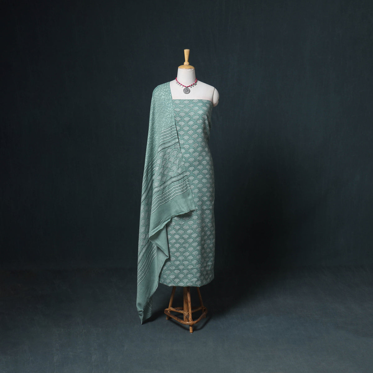 Akola Hand Block Print Woolen Unstitched Dress Material: Kurta, Bottom with Dupatta 14