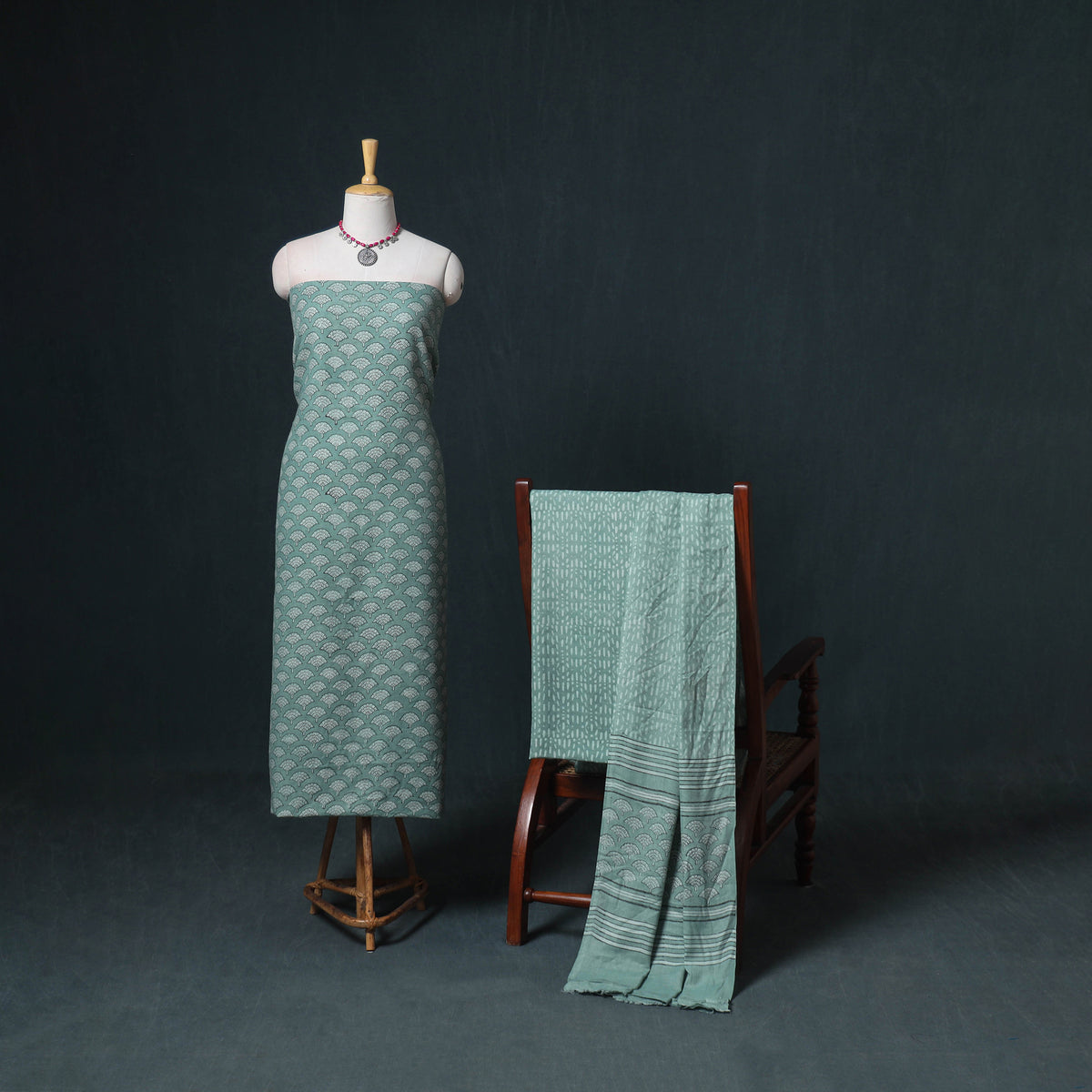 Akola Hand Block Print Woolen Unstitched Dress Material: Kurta, Bottom with Dupatta 14