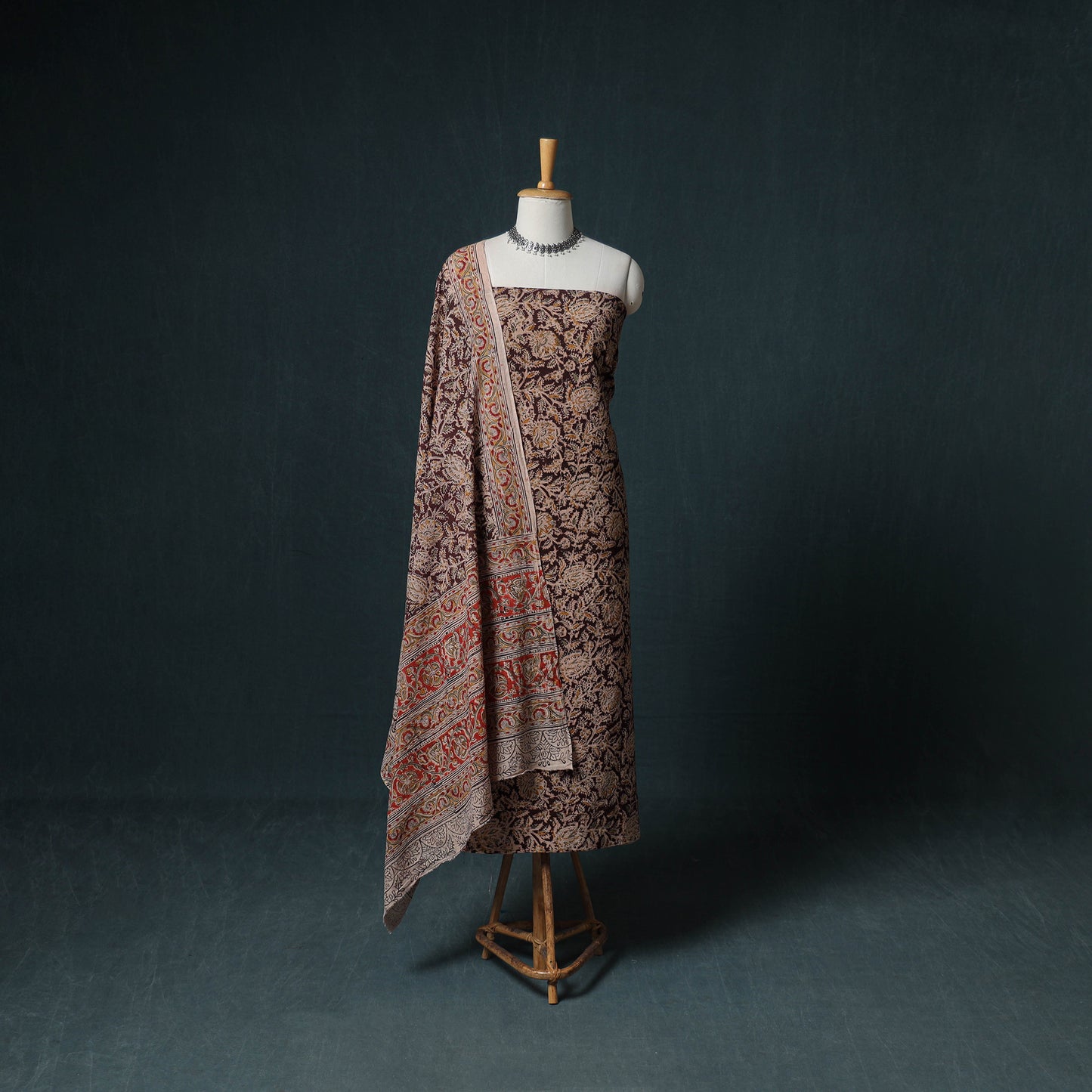 Pedana Hand Block Print Natural Dyed Cotton Kalamkari Unstitched Dress Material: Kurta with Dupatta 15