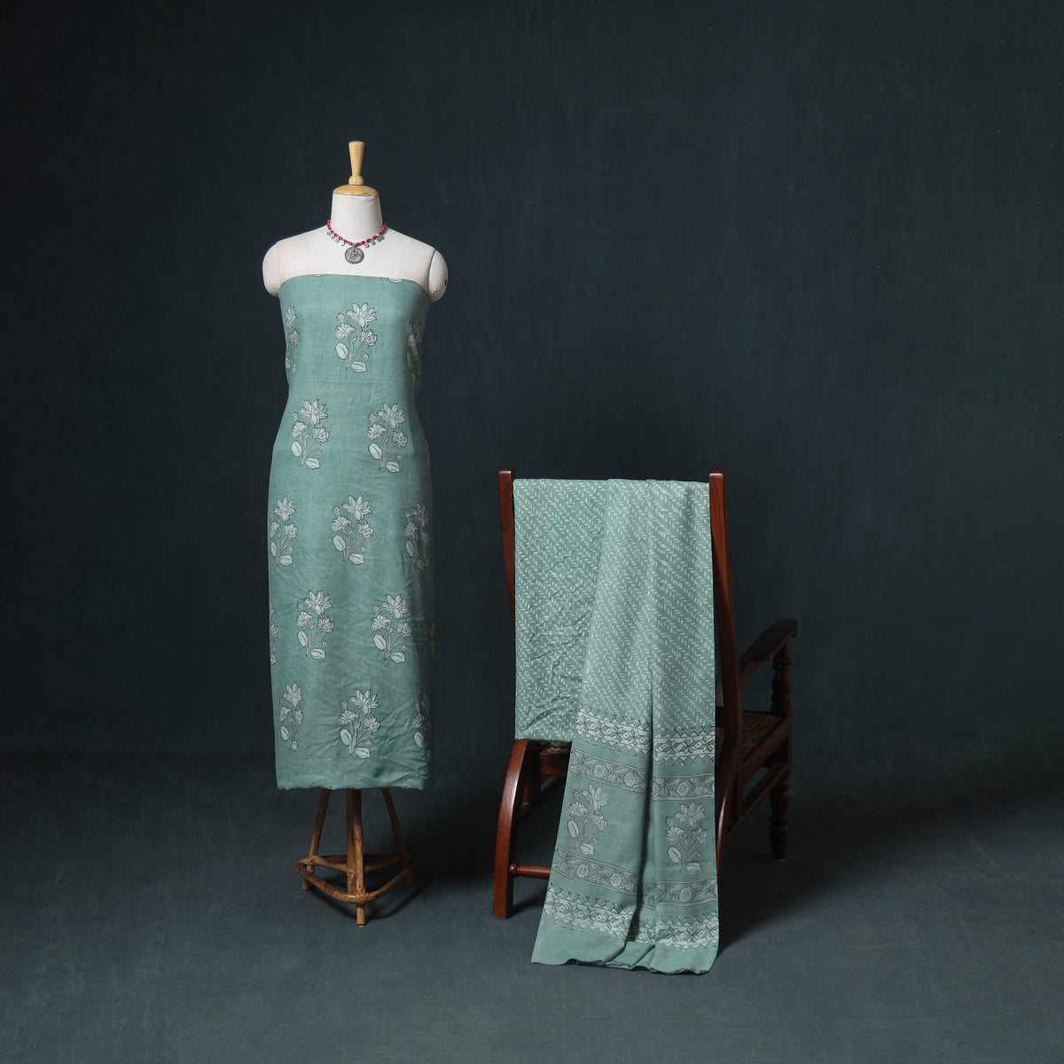 Akola Hand Block Print Woolen Unstitched Dress Material: Kurta, Bottom with Dupatta 15