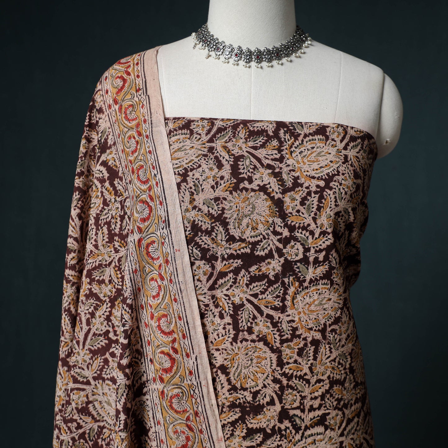 Pedana Hand Block Print Natural Dyed Cotton Kalamkari Unstitched Dress Material: Kurta with Dupatta 15
