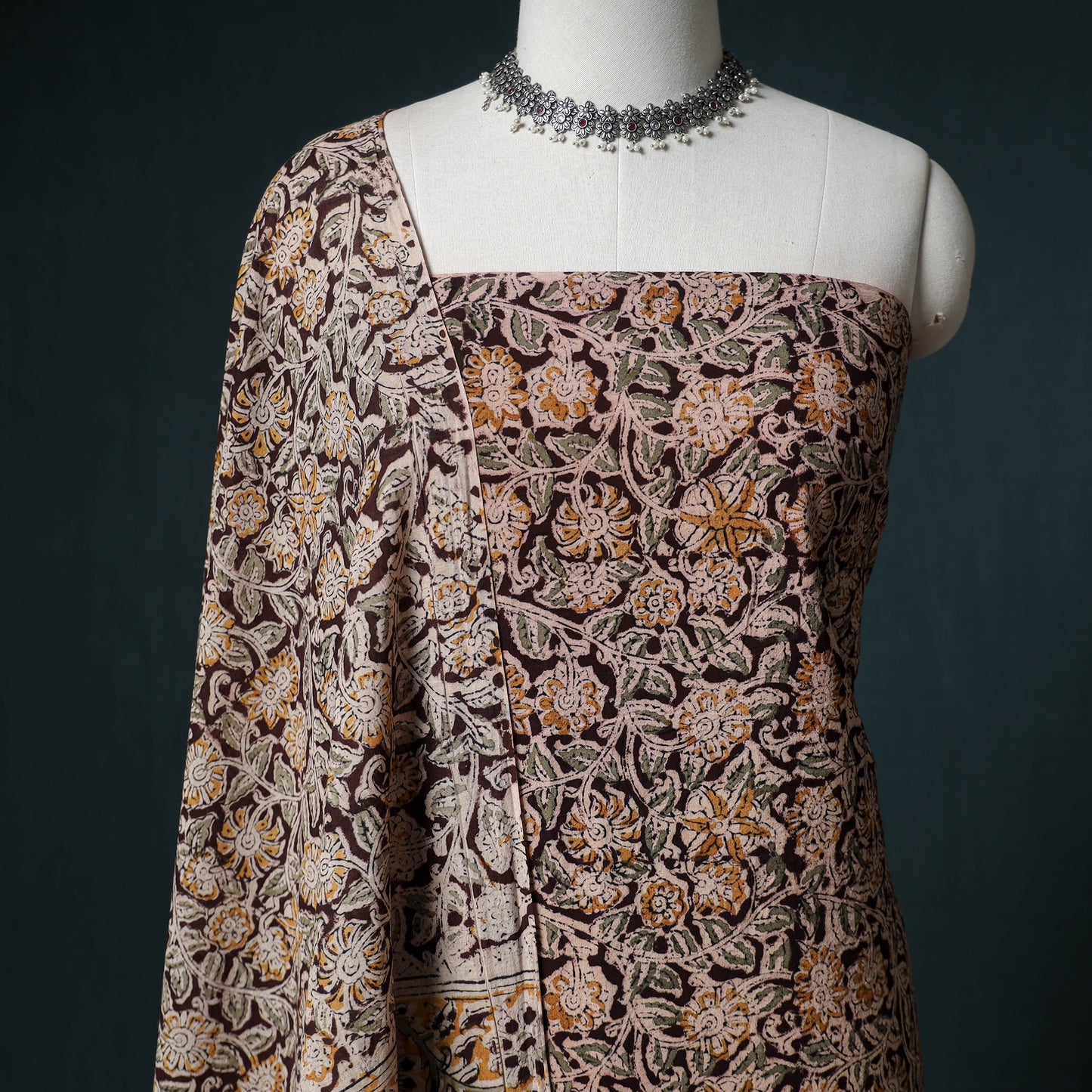 Pedana Hand Block Print Natural Dyed Cotton Kalamkari Unstitched Dress Material: Kurta with Dupatta 16