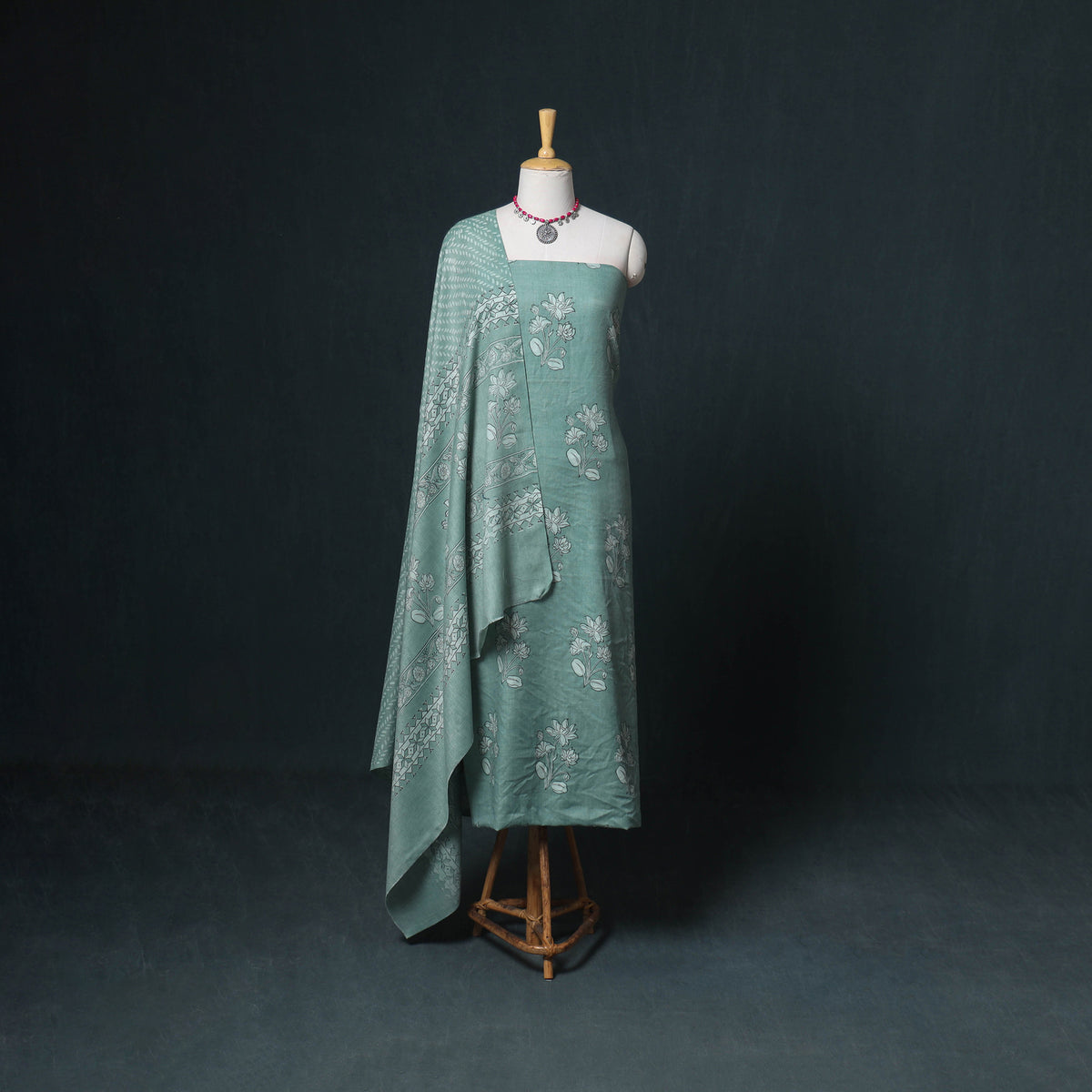 Akola Hand Block Print Woolen Unstitched Dress Material: Kurta, Bottom with Dupatta 15
