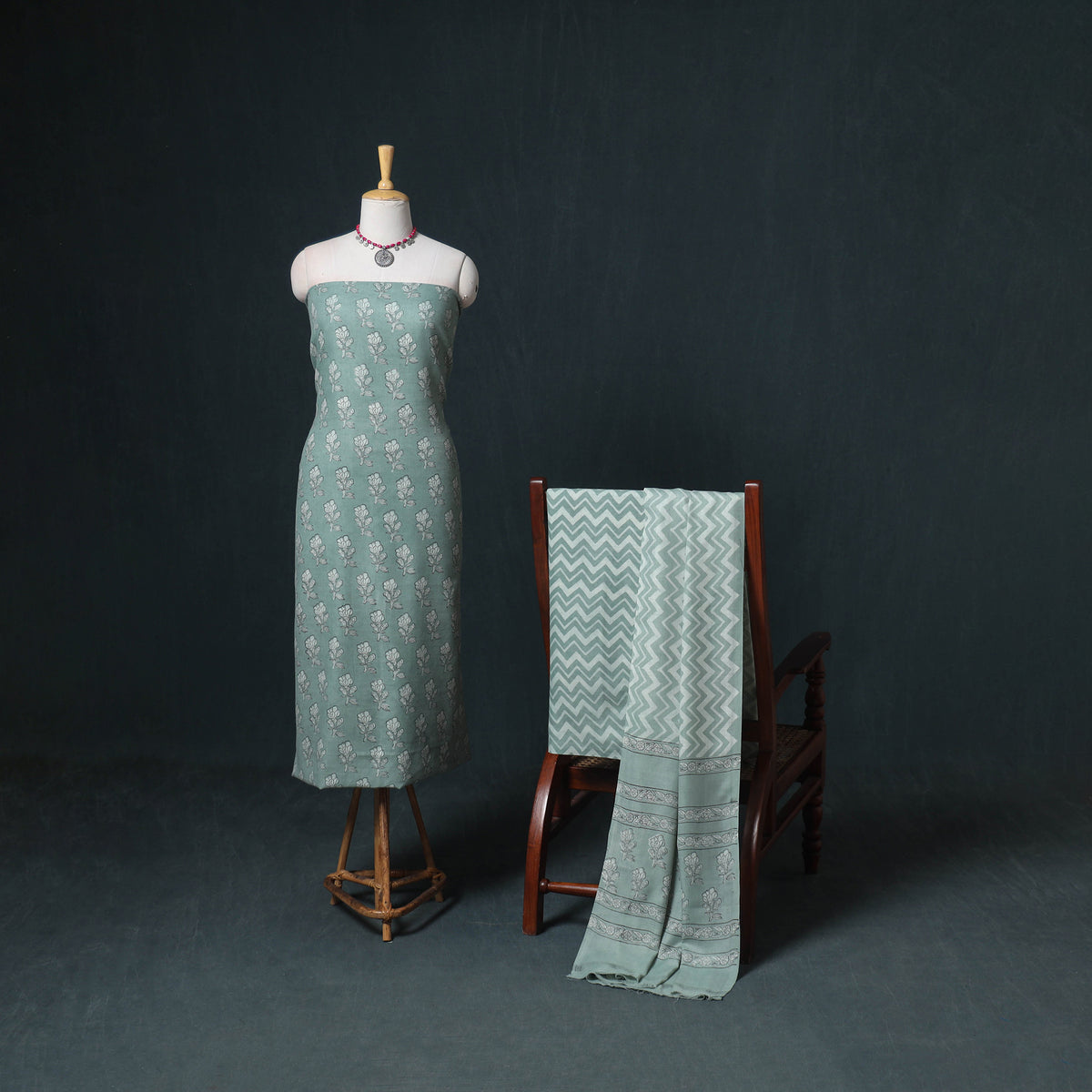 Akola Hand Block Print Woolen Unstitched Dress Material: Kurta, Bottom with Dupatta 17