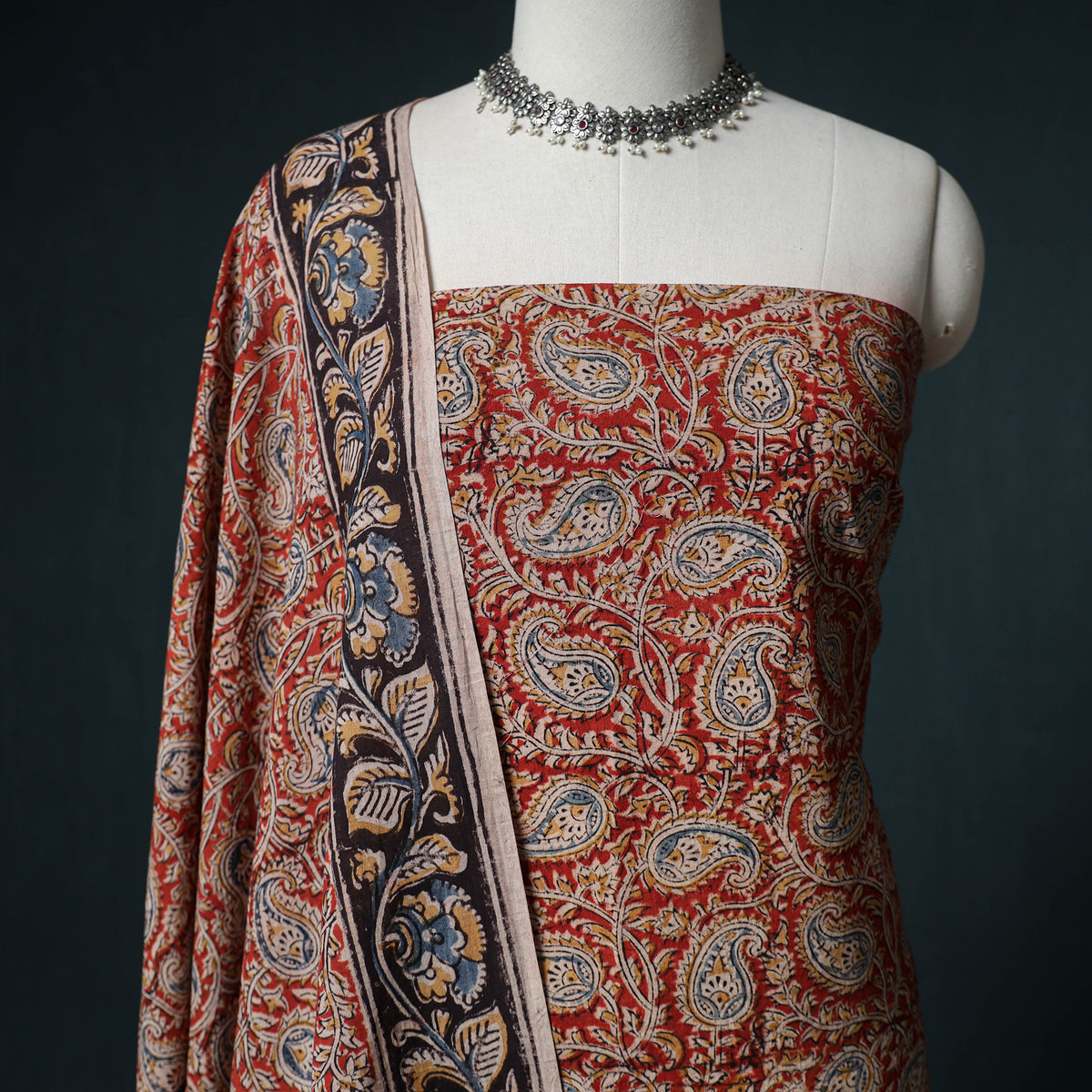 Pedana Hand Block Print Natural Dyed Cotton Kalamkari Unstitched Dress Material: Kurta with Dupatta 17